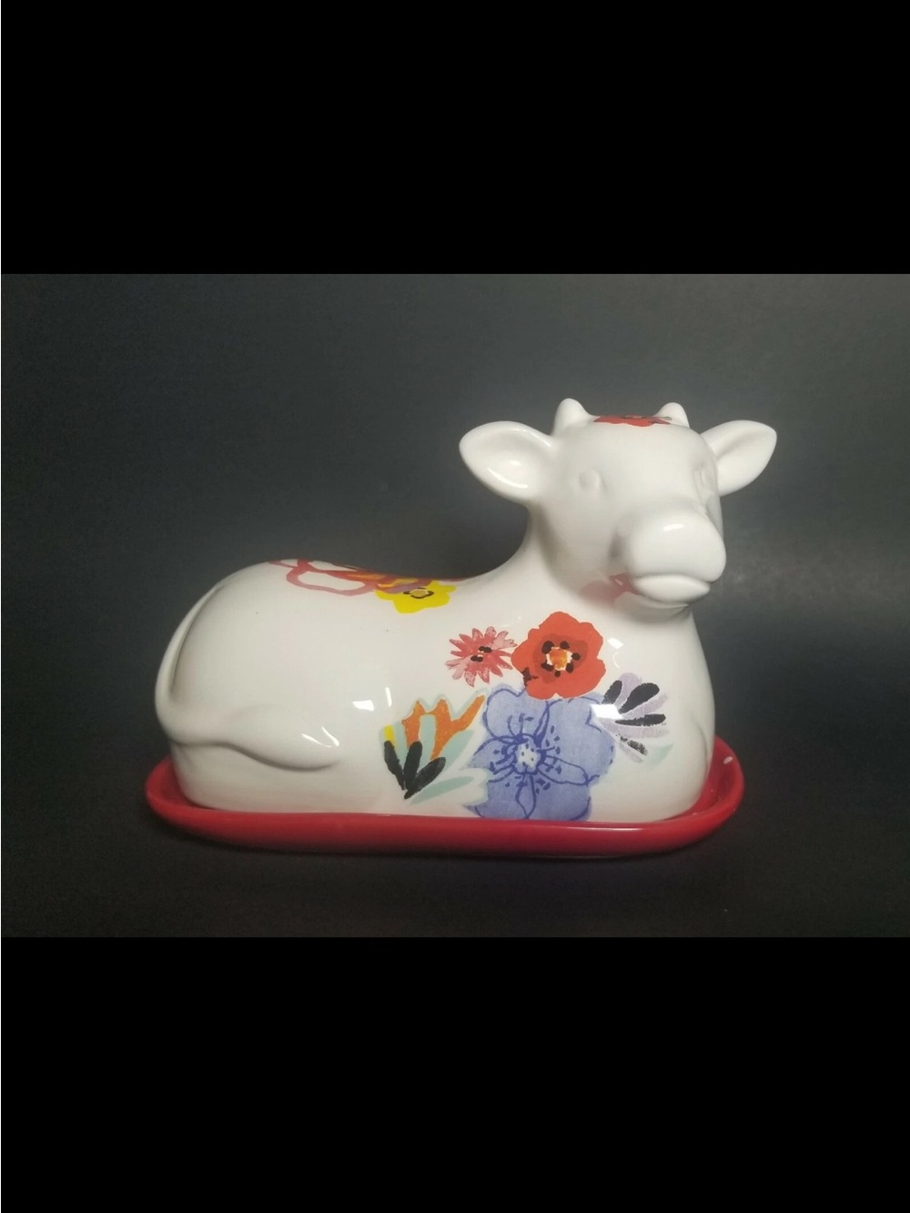 The Pioneer Woman White Floral Cow Butter Dish with Red Base Accent